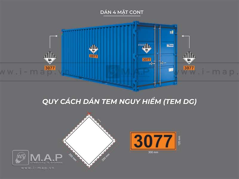 Hình ảnh một container vận tải với tem decal nguy hiểm được dán đúng vị trí ở cả bốn mặt.